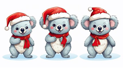  a set of three cartoon koala bears wearing christmas hats and scarves with a red scarf around their neck and a red scarf around their neck, on a white background.  generative ai
