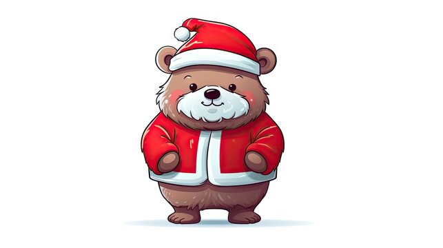  a brown bear wearing a santa hat and a red jacket with a white stripe on it's chest, standing in front of a white background with a red and white background.  generative ai
