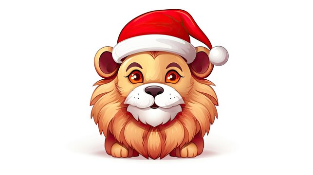  a close up of a lion wearing a santa hat with a snowflake on it's head and a sad look on its face, on a white background.  generative ai