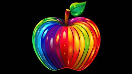  a colorful apple on a black background with a green leaf on the tip of the top of the apple, with a black background with a green leaf on the top of the bottom of the apple.  generative ai