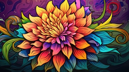  a painting of a colorful flower with swirls and swirls on a purple, blue, green, yellow, and purple background with swirls in the center.  generative ai
