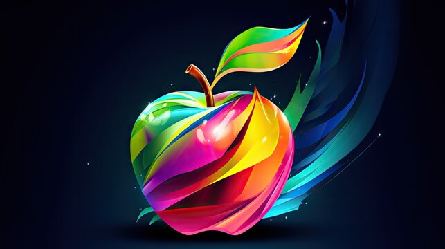  a colorful apple on a dark background with a leaf on the top of the apple and the bottom of the apple has a green leaf on top of the bottom of the apple.  generative ai