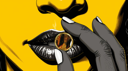 Portrait d'une femme qui tient un anneau en or entre ses doigts et le porte devant sa bouche, style BD bicolore noir et jaune