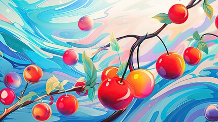 Fototapeta na wymiar a painting of a bunch of cherries on a branch with water splashing in the background and a splash of paint on the back of the image of the cherries. generative ai