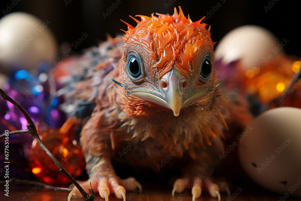 Poster an empowering image capturing a hatchling's triumphant moment of emerging completely from the eggshe