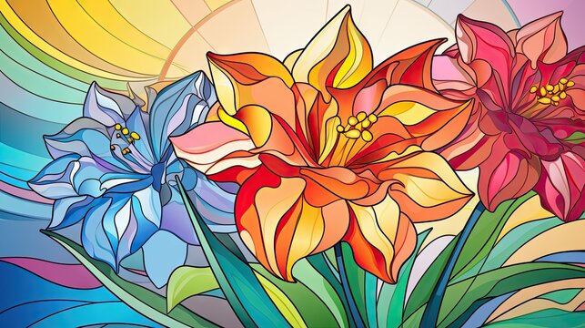  a painting of a bouquet of flowers in front of a rainbow colored background with a sunburst in the middle of the picture 