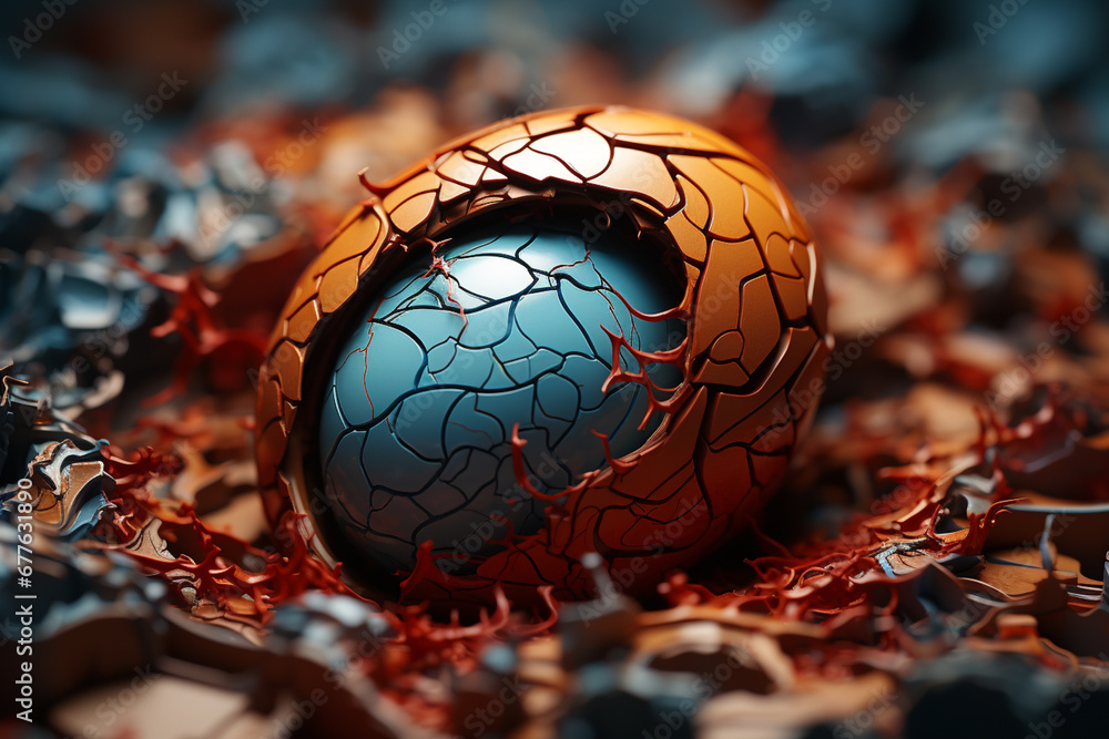 Leinwandbilder a close-up photograph highlighting the intricate patterns formed by cracks in the eggshell as the ha