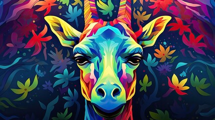  a painting of a colorful giraffe with leaves on it's head and a background of blue, red, yellow, green, orange, and pink.  generative ai