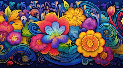  a painting of colorful flowers with swirls and swirls on the bottom of the image, and a blue background with swirls and swirls on the bottom of the image.  generative ai