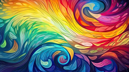  a multicolored painting of a wave with a blue, yellow, red, green, orange, and pink swirl on the top of the wave is a black background.  generative ai
