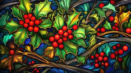  a painting of a holly tree with red berries and green leaves on a multicolored background with blue, green, yellow, and red berries on the branches.  generative ai