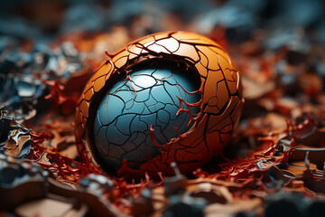 A close-up photograph highlighting the intricate patterns formed by cracks in the eggshell as the hatchling struggles to emerge.  