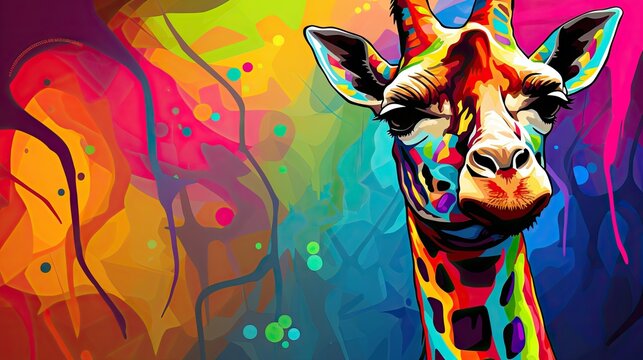  a close up of a giraffe's face in front of a multicolored background of trees and bushes, with one giraffe's head looking at the camera.  generative ai