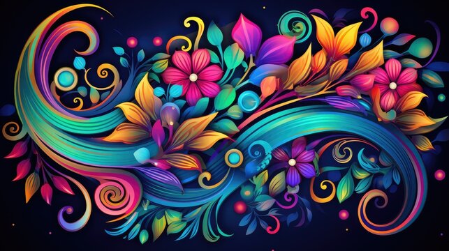  a painting of colorful flowers and swirls on a black background with space for a text or an image to put on a t - shirt or t - shirt.  generative ai