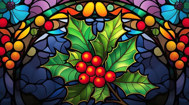  a stained glass picture of a holly with berries and leaves on a multicolored background with a stained glass window in the center of the image is a stylized design.  generative ai