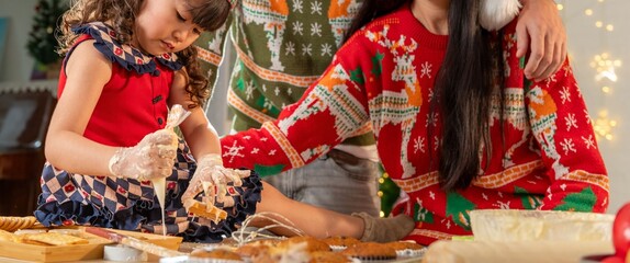 Baby enjoy Christmas party food cooking making dessert flour and dough with Happy parent family...