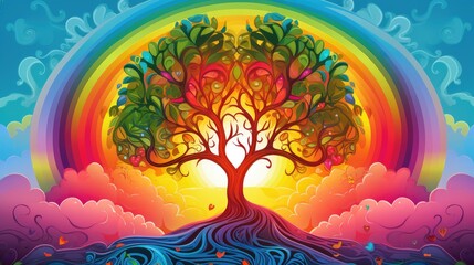  a painting of a tree with a rainbow in the background with clouds and a rainbow in the middle of the tree, and a rainbow in the middle of the sky.  generative ai