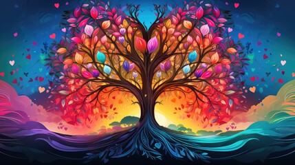 Obraz na płótnie Canvas a painting of a colorful tree with lots of leaves in the shape of a heart on a blue, yellow, pink, and purple background of water and red colors. generative ai
