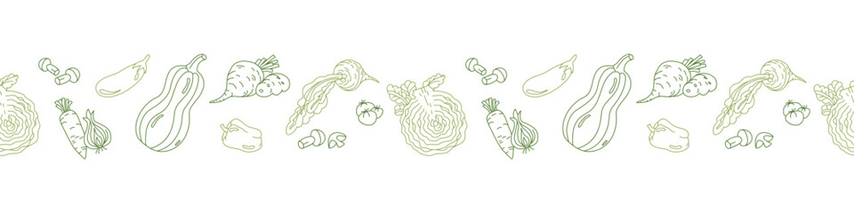 Plant-based seamless border with green veggies in doodle style. Vector flat illustration on transparent background - obrazy, fototapety, plakaty