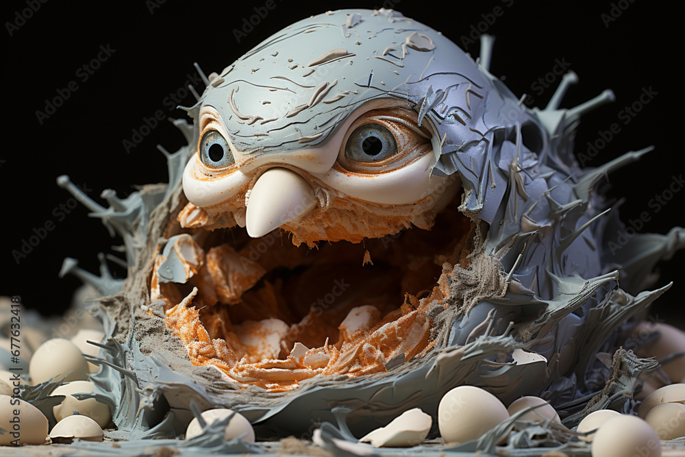Aufkleber an imaginative artwork crafted from eggshells, depicting a creature mid-hatch in a creative and unco