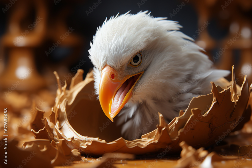 Poster a partially cracked eggshell with a tiny beak and feathers peeking through, signifying the imminent 