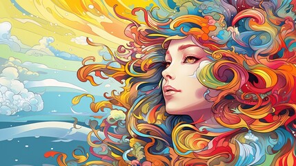  a painting of a woman's face with multicolored hair and a blue sky in the background with clouds and sun shining down on her head and water.  generative ai