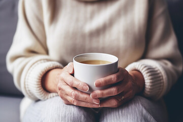 Hands of middle aged caucasian woman is sitting on the sofa with a mug of hot drink - obrazy, fototapety, plakaty