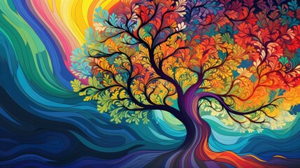 Obraz na płótnie Canvas a painting of a colorful tree with swirls and leaves on it's leaves are multicolored, and the tree is in the middle of which is a rainbow. generative ai