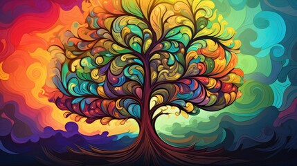  a painting of a colorful tree with swirls on the branches and a rainbow sky in the background