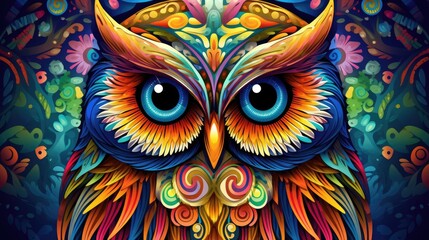  a colorful owl with big blue eyes on a dark background with a pattern of flowers and swirls on the wings of the owl is painted in bright colors of red, yellow, orange, blue, orange,.  generative ai