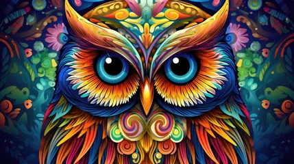 Papier Peint photo Lavable Dessins animés de hibou  a colorful owl with big blue eyes on a dark background with a pattern of flowers and swirls on the wings of the owl is painted in bright colors of red, yellow, orange, blue, orange,.  generative ai