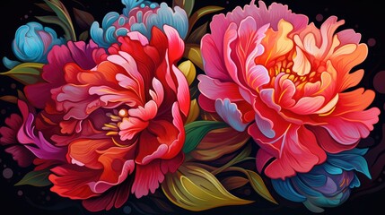  a close up of a bunch of flowers on a black background with a red and pink flower in the middle of the picture and a blue flower in the middle 