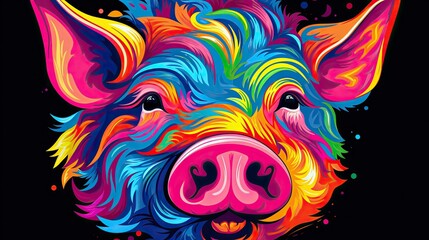  a colorful pig's face on a black background with a splash of paint on the pig's face and the pig's head is painted in bright colors 
