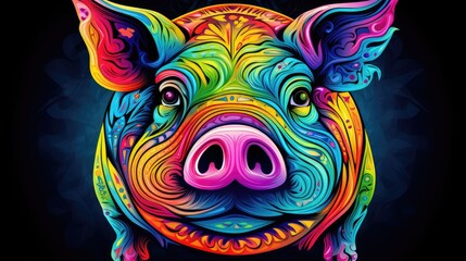  a colorful pig's face on a black background is featured in this brightly colored illustration of a pig's face with a black background is featured in the center of the pig's head.  generative ai