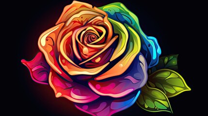  a colorful rose on a black background with a green leaf on the end of the stem and a red, yellow, green, and blue rose on the end of the end of the stem.  generative ai