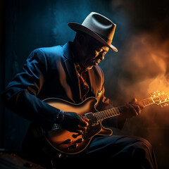 Bluesman play on guitar blues rock under stage light. Festival music concert with songs. Black skin...