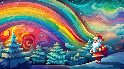  a painting of a santa clause standing in front of a rainbow - colored sky with trees and a rainbow - colored sky in the background, with stars and clouds.  generative ai