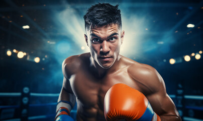 Fototapeta na wymiar Emotional strong man boxers in dynamic action in boxing ring