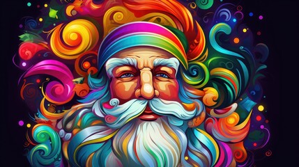 Fototapeta na wymiar a colorful portrait of a man with a beard and a beard ring in the center of the image is a swirly beard and a multi - colored background of swirling swirls. generative ai