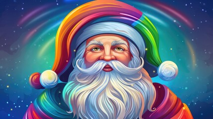  a digital painting of a santa claus with a rainbow hat and a rainbow - colored beard, standing in front of a night sky with stars and a rainbow light.  generative ai