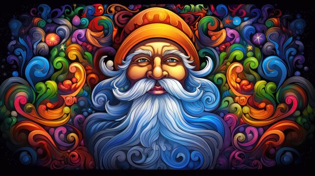  a painting of a man with a long white beard and a beard wearing an orange hat with swirls and swirls on it's sides and a black background.  generative ai