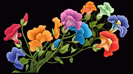  a painting of a bunch of flowers on a black background with the colors of the pansies in the bottom right corner of the frame and bottom corner of the picture.  generative ai