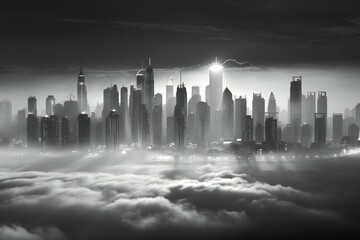 Foggy cityscape with skyscrapers and clouds at night