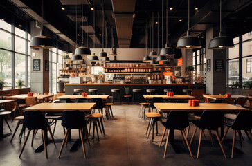 Cozy wooden interior of restaurant, copy space. Comfortable modern dining place, contemporary design background