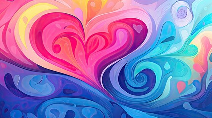  a painting of a heart with swirls and bubbles in blue, pink, yellow, and pink colors on a blue background with swirls and bubbles in the shape of the shape of a heart.  generative ai