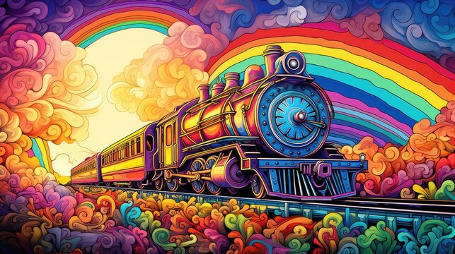  a painting of a train on a train track with a rainbow in the background and clouds in the foreground, and a rainbow in the middle of the painting.  generative ai