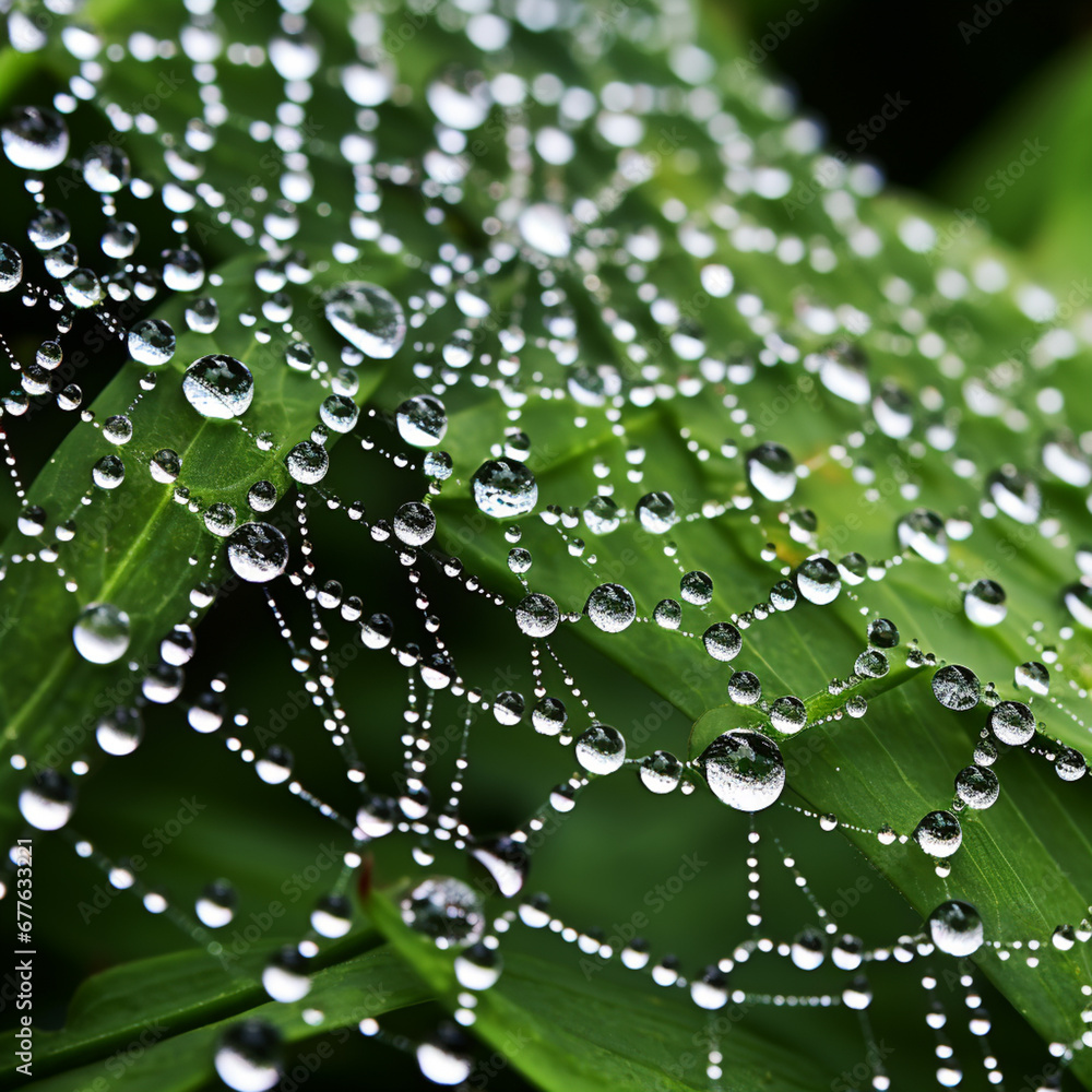 Aufkleber A spider web covered in a myriad of dewdrops, enhancing the complexity of its construction.  