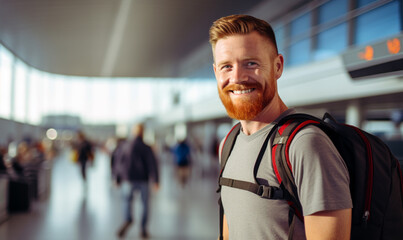 Fototapeta premium Man travel at airport, male walking at the gate at the terminal waiting for her flight in boarding lounge, People traveler enjoy trip and holiday.