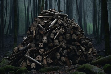 Pile of wooden skulls in the dark forest,  Halloween concept