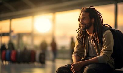 Happy smiling black skin male traveler in airport, man at the sitting at the terminal waiting for...